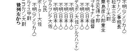 不明（アメリカ人）
ワトソン事務長
松本三之丞
モーリ大尉
栗島彦八郎重全
立石得十郎
ブキャナン提督
　不明（日本人）
　不明（日本人）
デュポン大佐（シルクハット）
　不明（日本人）
　不明（日本人）
　不明（日本人）
　不明（日本人）
マクブレア大佐
シム氏
ポーター大佐
　不明（アメリカ人）
ルイス中尉
ニコルソン大尉
　後列左から


